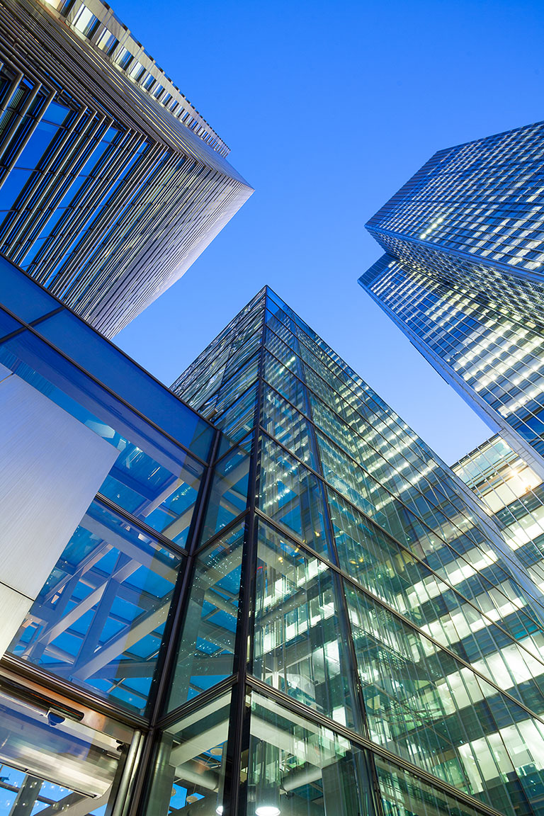 view up tall glass office buildings